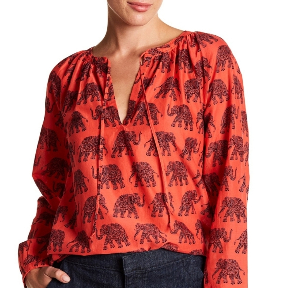 J. Crew Women's Red Top Elephant Print 100% Cotton Blouse Boho Size 0 (XS)
